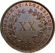 Portugal 20 Reis (XX) 1874 KM# 515 Kingdom Decimal coinage PORTUGALIÆ ET ALGARBIORUM.REX XX 1874 coin reverse Portugal 20 Reis (XX) 1874 KM# 515 Kingdom Decimal coinage PORTUGALIÆ ET ALGARBIORUM.REX XX 1874 coin reverse