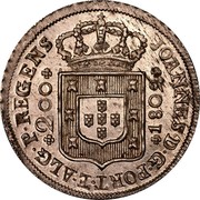 Portugal 200 Reis 1809 KM# 340 Kingdom Milled coinage 200 1809 JOANNES D G PORT ET ALG P REGENS coin obverse Portugal 200 Reis 1809 KM# 340 Kingdom Milled coinage 200 1809 JOANNES D G PORT ET ALG P REGENS coin obverse