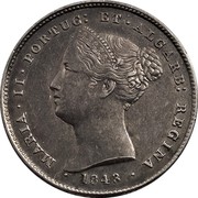 Portugal 200 Reis 1843 KM# 474 Kingdom Decimal coinage MARIA II PORTUG ET ALGARB REGINA 1843 coin obverse Portugal 200 Reis 1843 KM# 474 Kingdom Decimal coinage MARIA II PORTUG ET ALGARB REGINA 1843 coin obverse