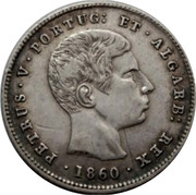 Portugal 200 Reis 1860 KM# 499 Kingdom Decimal coinage PETRUS V PORTUG ET ALGARB REX 1860 coin obverse Portugal 200 Reis 1860 KM# 499 Kingdom Decimal coinage PETRUS V PORTUG ET ALGARB REX 1860 coin obverse