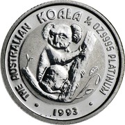 Australia 25 Dollars (Koala) KM# 193a THE AUSTRALIAN KOALA 1/4 OZ 9995 PLATINUM 1993 coin reverse Australia 25 Dollars (Koala) KM# 193a THE AUSTRALIAN KOALA 1/4 OZ 9995 PLATINUM 1993 coin reverse