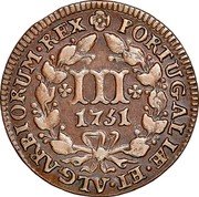 Portugal 3 Reis 1751 KM# 241.1 Kingdom Milled coinage PORTUGALIÆ ET ALGARBIORUM REX III coin reverse Portugal 3 Reis 1751 KM# 241.1 Kingdom Milled coinage PORTUGALIÆ ET ALGARBIORUM REX III coin reverse