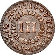 Portugal 3 Reis (III) 1714 KM# 190 Kingdom Milled coinage III 1714 VTILITATI PVBLICÆ coin reverse Portugal 3 Reis (III) 1714 KM# 190 Kingdom Milled coinage III 1714 VTILITATI PVBLICÆ coin reverse