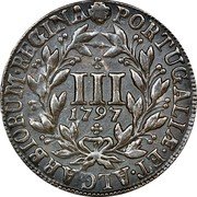 Portugal 3 Reis (III) 1797 KM# 308 Kingdom Milled coinage PORTVGALIE . ET . ALGARBIOTUM . REGINA III 1797 coin reverse Portugal 3 Reis (III) 1797 KM# 308 Kingdom Milled coinage PORTVGALIE . ET . ALGARBIOTUM . REGINA III 1797 coin reverse