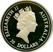 Australia 30 Dollars Kookaburra. Liberty Head privy mark 1995 P Proof KM# 292 ELIZABETH II AUSTRALIA 30 DOLLARS coin obverse Australia 30 Dollars Kookaburra. Liberty Head privy mark 1995 P Proof KM# 292 ELIZABETH II AUSTRALIA 30 DOLLARS coin obverse