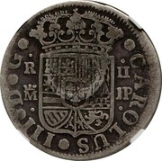 Portugal 300 Reis Countermarked 2 Reales Carlos III Spain ND KM# 25.1 CAROLUS III D G R II M PJ coin obverse Portugal 300 Reis Countermarked 2 Reales Carlos III Spain ND KM# 25.1 CAROLUS III D G R II M PJ coin obverse