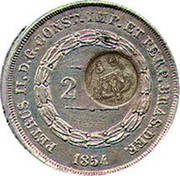 Portugal 300 Reis Countermarked issue over 200 Reis - Pedro II Brasil ND KM# 20.3 PETRUS II D G CONST IMP ET PERP BRAS DEF 2 coin obverse Portugal 300 Reis Countermarked issue over 200 Reis - Pedro II Brasil ND KM# 20.3 PETRUS II D G CONST IMP ET PERP BRAS DEF 2 coin obverse