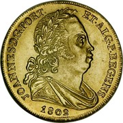 Portugal 4 Escudos (Peca) 1802 KM# 332 Kingdom Milled coinage JOANNES D G PORT ET ALG P REGENS 1802 coin obverse Portugal 4 Escudos (Peca) 1802 KM# 332 Kingdom Milled coinage JOANNES D G PORT ET ALG P REGENS 1802 coin obverse