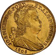 Portugal 4 Escudos (Peca) Joao VI 1808 KM# 336 JOANNES D G PORT ET ALG P REGENS 1812 coin obverse Portugal 4 Escudos (Peca) Joao VI 1808 KM# 336 JOANNES D G PORT ET ALG P REGENS 1812 coin obverse
