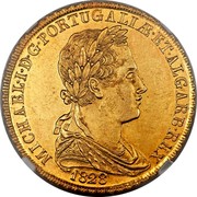 Portugal 4 Escudos (Peca) 1828 KM# 388 Kingdom Milled coinage MICHAEL I D G PORTUGALIÆ ET ALGARB REX 1928 coin obverse Portugal 4 Escudos (Peca) 1828 KM# 388 Kingdom Milled coinage MICHAEL I D G PORTUGALIÆ ET ALGARB REX 1928 coin obverse