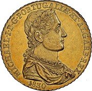 Portugal 4 Escudos (Peca) 1830 KM# 397 Kingdom Milled coinage MICHAEL I D G PORTUGALIAE ET ALGARB REX 1831 coin obverse Portugal 4 Escudos (Peca) 1830 KM# 397 Kingdom Milled coinage MICHAEL I D G PORTUGALIAE ET ALGARB REX 1831 coin obverse