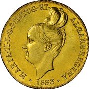Portugal 4 Escudos (Peca) 1833 KM# 404 Kingdom Milled coinage MARIA II D G PORTUG ET ALGARB REGINA 1833 coin obverse Portugal 4 Escudos (Peca) 1833 KM# 404 Kingdom Milled coinage MARIA II D G PORTUG ET ALGARB REGINA 1833 coin obverse
