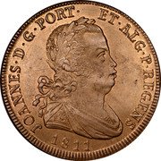 Portugal 40 Reis (Pataco) 1811 There are 5 additional edge varieties of 1811 date which are found listed in the pattern section KM# 345.1 Kingdom Milled coinage JOANNES D G PORT ET ALG P REGENS 1811 coin obverse Portugal 40 Reis (Pataco) 1811 There are 5 additional edge varieties of 1811 date which are found listed in the pattern section KM# 345.1 Kingdom Milled coinage JOANNES D G PORT ET ALG P REGENS 1811 coin obverse