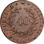 Portugal 40 Reis (Pataco) 1847 KM# 402 Kingdom Milled coinage 40 1847 PUBLICAE UTILITATI coin reverse Portugal 40 Reis (Pataco) 1847 KM# 402 Kingdom Milled coinage 40 1847 PUBLICAE UTILITATI coin reverse