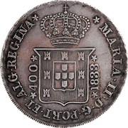 Portugal 400 Reis (Pinto. 480 Reis) 1833 KM# 403.1 Kingdom Milled coinage 400 MARIA II D G PORTUG ET ALG REGINA coin obverse Portugal 400 Reis (Pinto. 480 Reis) 1833 KM# 403.1 Kingdom Milled coinage 400 MARIA II D G PORTUG ET ALG REGINA coin obverse