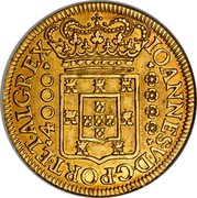 Portugal 4000 Reis 1714 KM# 195 Kingdom Milled coinage 4000 IOANNES V D G PORT ET ALG REX coin obverse Portugal 4000 Reis 1714 KM# 195 Kingdom Milled coinage 4000 IOANNES V D G PORT ET ALG REX coin obverse