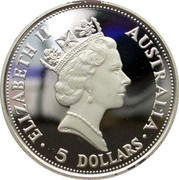 Australia 5 Dollars Kookaburra 1991 P ELIZABETH II AUSTRALIA 5 DOLLARS coin obverse Australia 5 Dollars Kookaburra 1991 P ELIZABETH II AUSTRALIA 5 DOLLARS coin obverse
