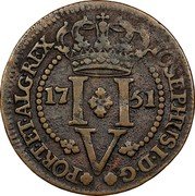 Portugal 5 Reis Jose I. Azores 1751 KM# 1 II IOSEPHUS I D G PORT ET ALG REX V coin obverse Portugal 5 Reis Jose I. Azores 1751 KM# 1 II IOSEPHUS I D G PORT ET ALG REX V coin obverse