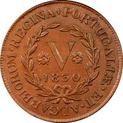 Portugal 5 Reis 1830 KM# 5 Terceira Island PORTVGALIÆ ET ALGARBIORUM REGINA 1830 V coin reverse Portugal 5 Reis 1830 KM# 5 Terceira Island PORTVGALIÆ ET ALGARBIORUM REGINA 1830 V coin reverse