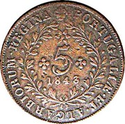 Portugal 5 Reis 1843 KM# 10 Portuguese Administration Provincial coinage 5 1843 PORTUGALIAE ET ALGARBIORUM REGINA coin reverse Portugal 5 Reis 1843 KM# 10 Portuguese Administration Provincial coinage 5 1843 PORTUGALIAE ET ALGARBIORUM REGINA coin reverse