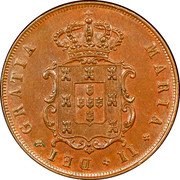 Portugal 5 Reis 1852 KM# 480 Kingdom Decimal coinage MARIA II DEI GRATIA coin obverse Portugal 5 Reis 1852 KM# 480 Kingdom Decimal coinage MARIA II DEI GRATIA coin obverse