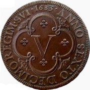 Portugal 5 Reis Pedro Prince Regen 1683 KM# 130 ANNO SEXTO DECIMO REGIMINIS.SVI V coin reverse Portugal 5 Reis Pedro Prince Regen 1683 KM# 130 ANNO SEXTO DECIMO REGIMINIS.SVI V coin reverse