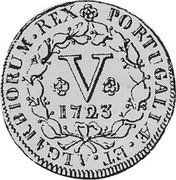 Portugal 5 Reis (V) 1723 KM# 216 Kingdom Milled coinage PORTUGALIAE ET ALGARBIORUM REX V 1735 coin reverse Portugal 5 Reis (V) 1723 KM# 216 Kingdom Milled coinage PORTUGALIAE ET ALGARBIORUM REX V 1735 coin reverse