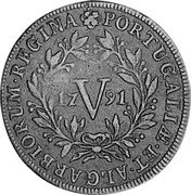 Portugal 5 Reis (V) 1791 KM# 305 Kingdom Milled coinage PORTUGALIÆ • ET • ALGARBIORUM • REGINA coin reverse Portugal 5 Reis (V) 1791 KM# 305 Kingdom Milled coinage PORTUGALIÆ • ET • ALGARBIORUM • REGINA coin reverse