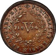 Portugal 5 Reis (V) 1824 KM# 355 Kingdom Milled coinage PORTUGALIAE E BRASILIAE ET ALGARB REX V coin reverse Portugal 5 Reis (V) 1824 KM# 355 Kingdom Milled coinage PORTUGALIAE E BRASILIAE ET ALGARB REX V coin reverse