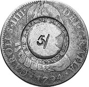 UK 5 Shillings Scotland Countermark ND (1811) Host Date 1794 KM# CC66 DEI GRATIA 1793 CAROLUS IIII PAYABLE AT LANARK MILLS 5/ coin obverse UK 5 Shillings Scotland Countermark ND (1811) Host Date 1794 KM# CC66 DEI GRATIA 1793 CAROLUS IIII PAYABLE AT LANARK MILLS 5/ coin obverse