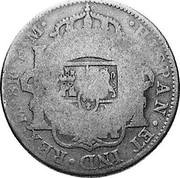 UK 5 Shillings Scotland Countermark ND (1811) Host Date 1794 KM# CC66 HISPAN ET IND REX M 8R F M coin reverse UK 5 Shillings Scotland Countermark ND (1811) Host Date 1794 KM# CC66 HISPAN ET IND REX M 8R F M coin reverse