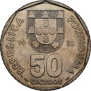 Portugal 50 Escudos 1986 KM# 636 Republic REPUBLICA PORTUGUESA 19 88 50 ESCUDOS E. VAZ INCM coin obverse Portugal 50 Escudos 1986 KM# 636 Republic REPUBLICA PORTUGUESA 19 88 50 ESCUDOS E. VAZ INCM coin obverse