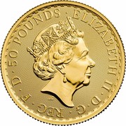 UK 50 Pounds Britannia Brilliant Uncirculated 2021 Bullion ELIZABETH II D G REG F D 50 POUNDS J.C coin obverse