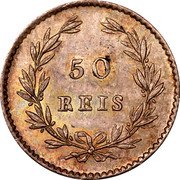 Portugal 50 Reis 1861 KM# 493 Kingdom Decimal coinage 5O REIS coin reverse Portugal 50 Reis 1861 KM# 493 Kingdom Decimal coinage 5O REIS coin reverse