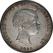 Portugal 500 Reis 1854 KM# 492 Kingdom Decimal coinage PETRUS V PORTUG ET ALGARB REX 1854 coin obverse Portugal 500 Reis 1854 KM# 492 Kingdom Decimal coinage PETRUS V PORTUG ET ALGARB REX 1854 coin obverse