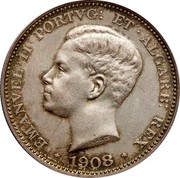 Portugal 500 Reis 1908 KM# 547 Kingdom Decimal coinage EMANVEL II PORTVG ET ALGARB V.ALVES 1908 coin obverse Portugal 500 Reis 1908 KM# 547 Kingdom Decimal coinage EMANVEL II PORTVG ET ALGARB V.ALVES 1908 coin obverse