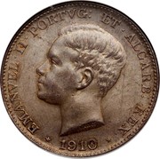 Portugal 500 Reis 1910 KM# 557 Kingdom Decimal coinage EMANVEL II PORTVG ET ALGARB REX V.ALVES 1910 coin obverse Portugal 500 Reis 1910 KM# 557 Kingdom Decimal coinage EMANVEL II PORTVG ET ALGARB REX V.ALVES 1910 coin obverse
