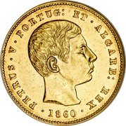 Portugal 5000 Reis 1860 KM# 505 Kingdom Decimal coinage PETRUS V PORTUG ET ALGARB REX 1860 coin obverse Portugal 5000 Reis 1860 KM# 505 Kingdom Decimal coinage PETRUS V PORTUG ET ALGARB REX 1860 coin obverse