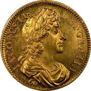 UK 60 Shillings James II 1688 Struck in 1828 by Matthew Young X# 21a IACOBVS II DEI GRATIA 60 coin obverse UK 60 Shillings James II 1688 Struck in 1828 by Matthew Young X# 21a IACOBVS II DEI GRATIA 60 coin obverse