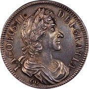 UK 60 Shillings 60 Shillings 1688 Proof. Struck in 1828 by Matthew Young X# 21 IACOBVS II DEI GRATIA 60 coin obverse UK 60 Shillings 60 Shillings 1688 Proof. Struck in 1828 by Matthew Young X# 21 IACOBVS II DEI GRATIA 60 coin obverse