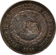 Portugal 600 Reis Countermarked issue over 1000 Reis - Pedro II Brazil ND KM# 28.2 PETRUS II D G CONST IMP ET PERP BRAS DEF 1000 coin obverse