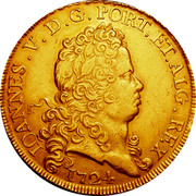 Portugal 8 Escudos (Dobra) 1724 KM# 222.1 Kingdom Milled coinage IOANNES V D G PORT ET ALG REX 1724 coin obverse Portugal 8 Escudos (Dobra) 1724 KM# 222.1 Kingdom Milled coinage IOANNES V D G PORT ET ALG REX 1724 coin obverse