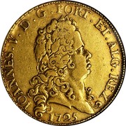 Portugal 8 Escudos (Dobra) 1725 KM# 222.2 Kingdom Milled coinage IOANNES V D G PORT ET ALG REX 1725 coin obverse Portugal 8 Escudos (Dobra) 1725 KM# 222.2 Kingdom Milled coinage IOANNES V D G PORT ET ALG REX 1725 coin obverse