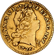 Portugal 8 Escudos (Dobra) 1726 KM# 222.3 Kingdom Milled coinage IOANNES V D G PORT ET ALG REX 1726 coin obverse Portugal 8 Escudos (Dobra) 1726 KM# 222.3 Kingdom Milled coinage IOANNES V D G PORT ET ALG REX 1726 coin obverse
