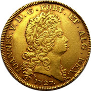 Portugal 8 Escudos (Dobra) 1727 KM# 222.4 Kingdom Milled coinage IOANNES V D G PORT ET ALG REX 1727 coin obverse Portugal 8 Escudos (Dobra) 1727 KM# 222.4 Kingdom Milled coinage IOANNES V D G PORT ET ALG REX 1727 coin obverse