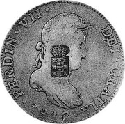 Portugal 870 Reis Countermarked Mexican Coinage ND INCM KM# 440.15 FERDIN VII DEI GRATIA 1821 coin obverse Portugal 870 Reis Countermarked Mexican Coinage ND INCM KM# 440.15 FERDIN VII DEI GRATIA 1821 coin obverse
