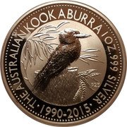 Australia Dollar Kookaburra 2015 P25 BU THE AUSTRALIAN KOOKABURRA 1 OZ .999 SILVER 1990-2015 coin reverse Australia Dollar Kookaburra 2015 P25 BU THE AUSTRALIAN KOOKABURRA 1 OZ .999 SILVER 1990-2015 coin reverse
