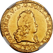Portugal Escudo 1722 L KM# 211 Kingdom Milled coinage IOANNES V D G PORT ET ALG REX 1722 coin obverse Portugal Escudo 1722 L KM# 211 Kingdom Milled coinage IOANNES V D G PORT ET ALG REX 1722 coin obverse