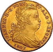 Portugal Escudo 1807 KM# 338 Kingdom Milled coinage JOANNES D G PORT ET ALG P REGENS 1807 coin obverse Portugal Escudo 1807 KM# 338 Kingdom Milled coinage JOANNES D G PORT ET ALG P REGENS 1807 coin obverse