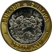 UK Twenty Five ECU Neptune and Europa 1992 X# 11a EUROPE * EUROPA • SCOTLAND coin obverse UK Twenty Five ECU Neptune and Europa 1992 X# 11a EUROPE * EUROPA • SCOTLAND coin obverse
